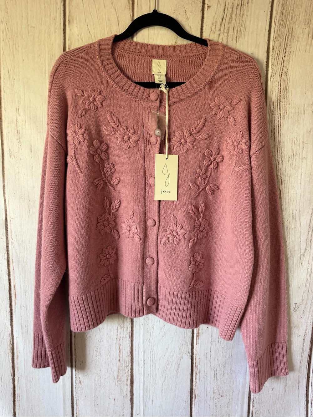 Joie Pink Floral Embroidered Knit Cardigan Sweater in Size L